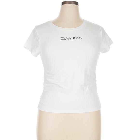 Calvin Klein Women’s White Logo T-Shirt Size M – Ruched Side Detail Crewneck - Picture 2 of 7